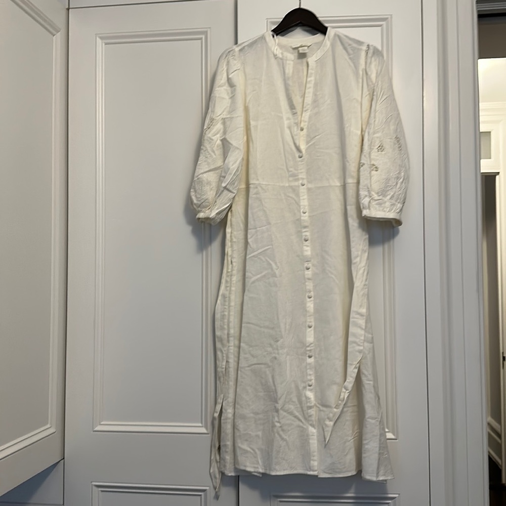 H&M white long sleeved midi linen dress